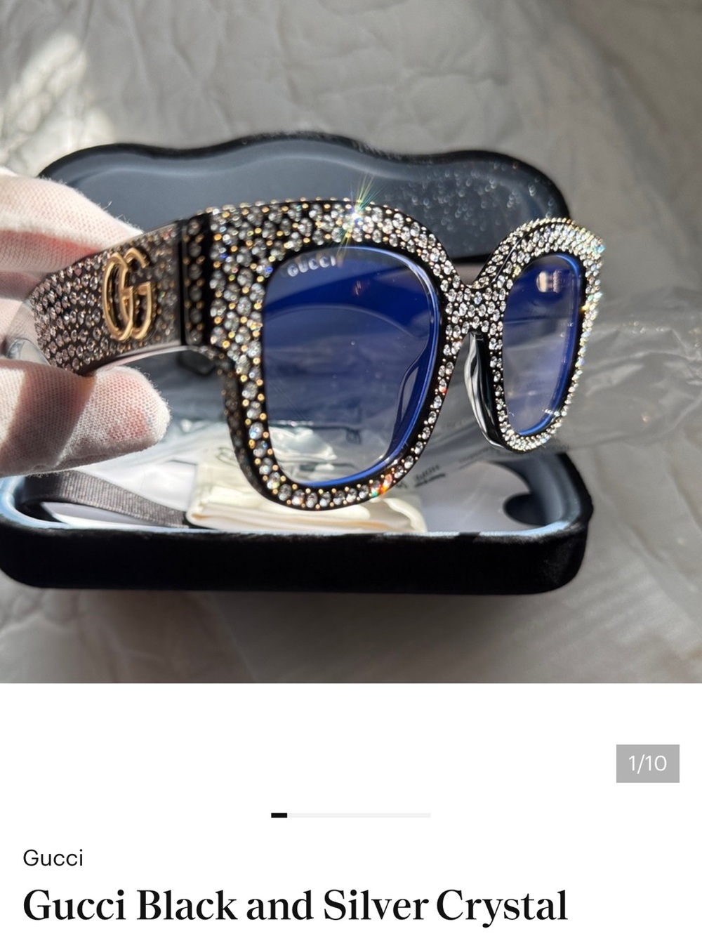 NWT Gucci Black Crystal-Embellished Sunglasses with Blue Lenses and Gold GG